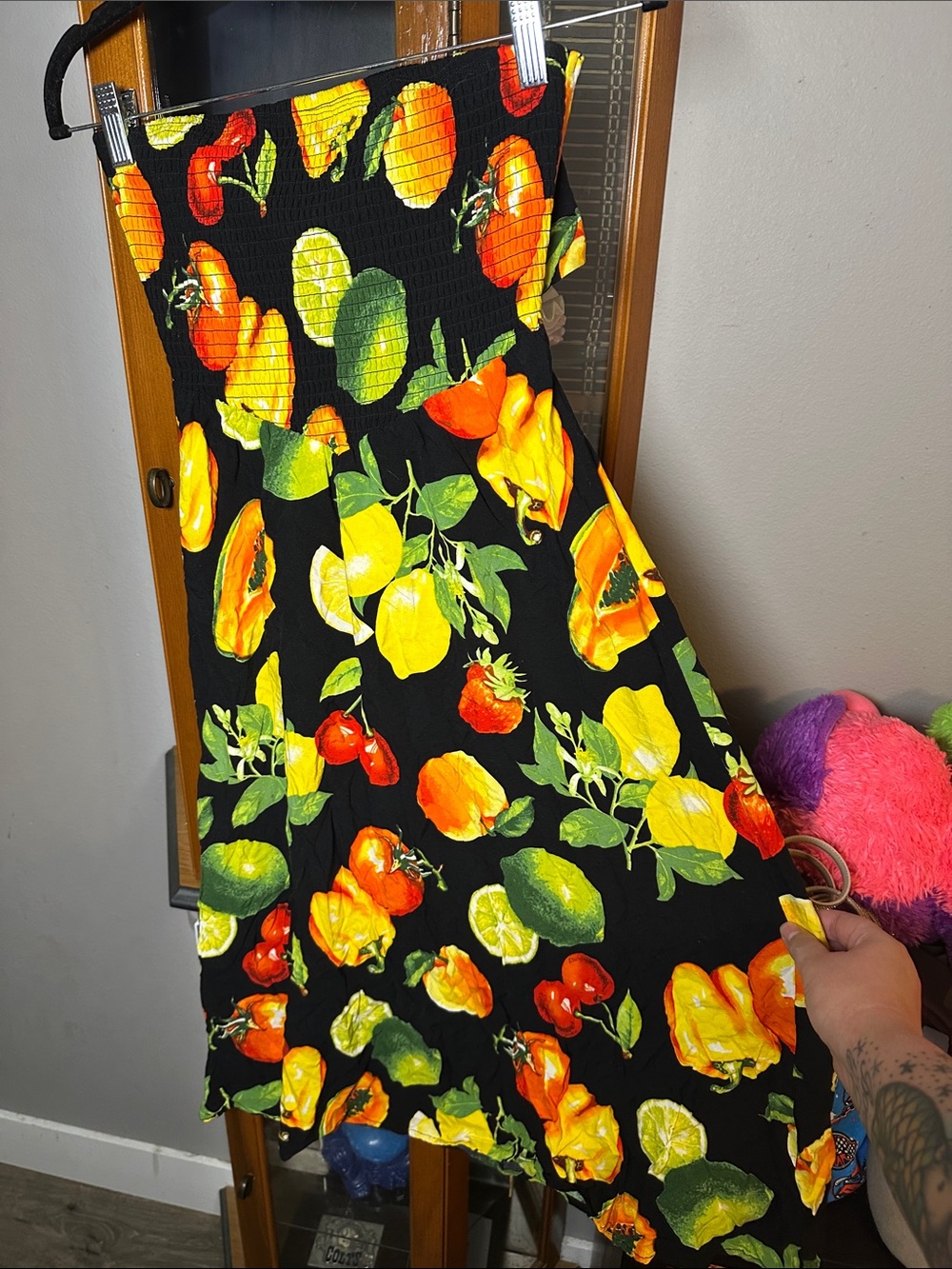 Madden Girl Black Strapless Fruit Print Dress